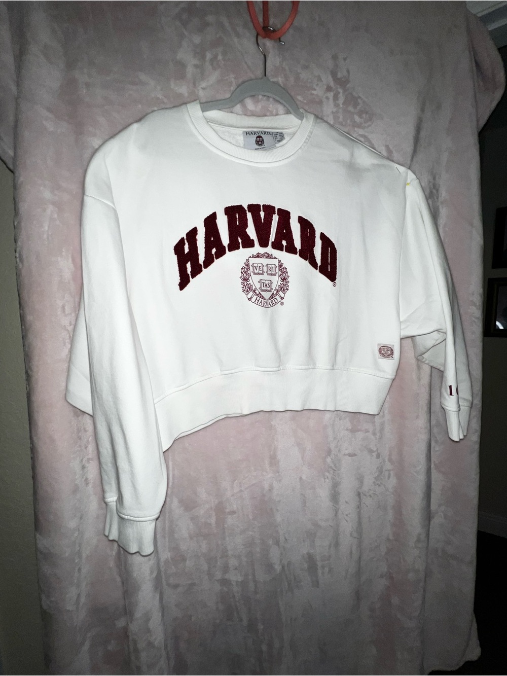 Harvard White Cropped Crewneck Sweatshirt with Maroon Arch Logo